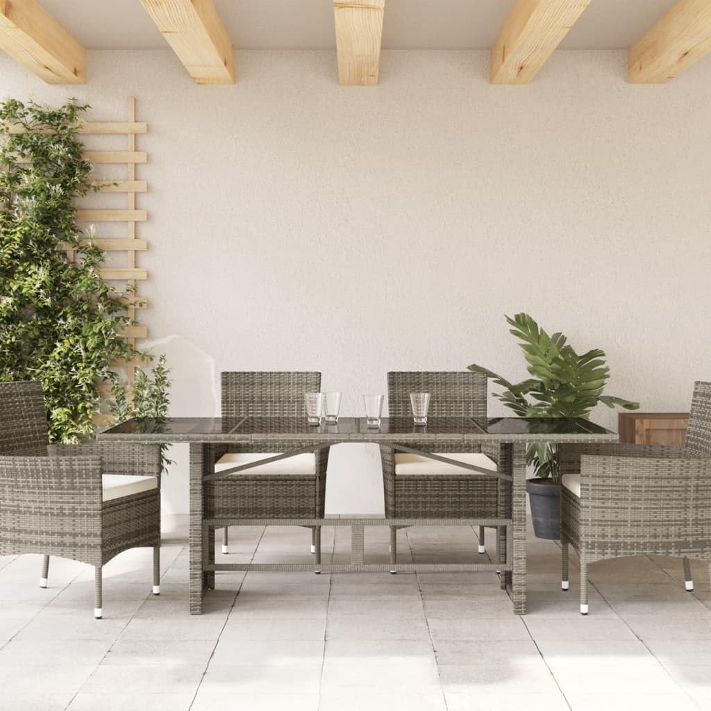 Large Gray Poly Rattan Garden Coffee Table with Tempered Glass Top Durable Outdoor Patio Table for 6 People Ideal Outdoor Furniture for Garden Balcony and Terrace