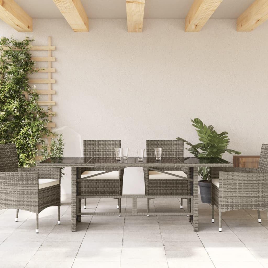Stół ogrodowy ze szklanym blatem, szary, 190 x 80 x 74 cm, z polirattanu, odporny na warunki atmosferyczne, stabilna rama, na taras, balkon, do ogrodu, na zewnątrz, kwadratowy, prostokątny