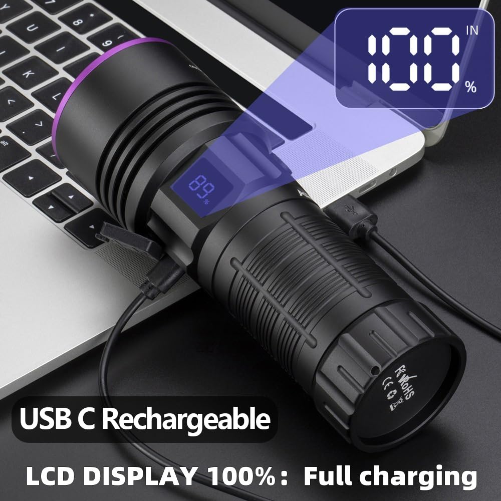 Alonefire SV117 70W Torcia UV LED Potente 365nm USB C Ricaricabile Display Digitale Ultravioletti per Resina, Pesca, Fluoresceina, Rilevatore di Urina, Minerali con Occhiali Protettivi UV, Batteria