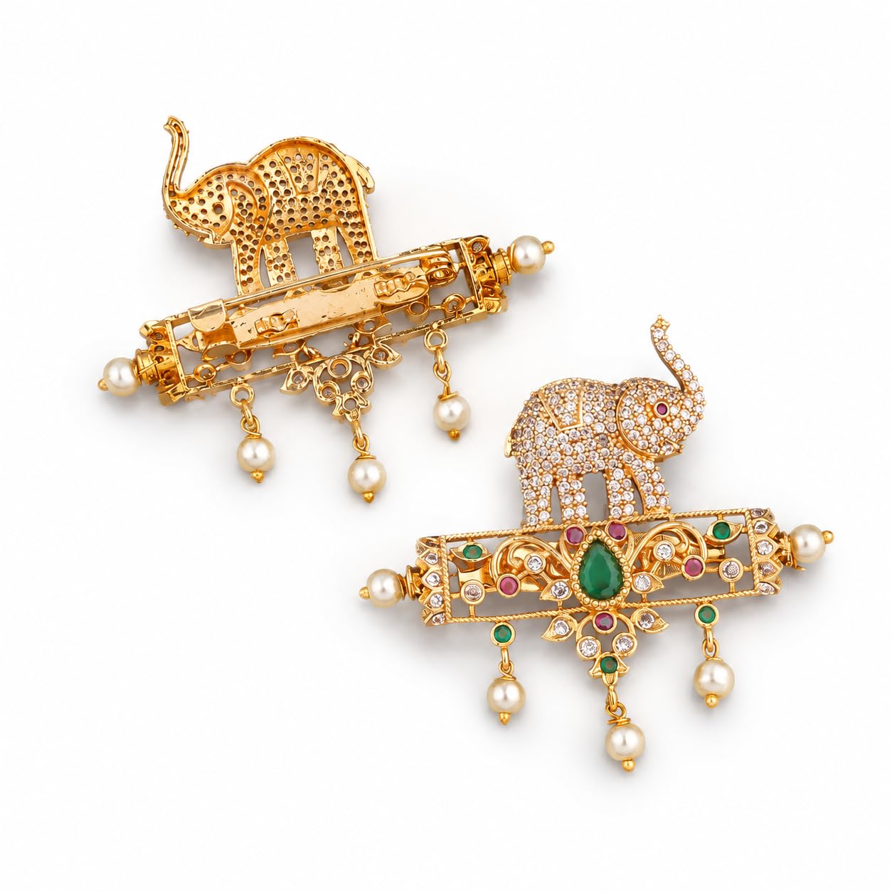 NKR GOLD Elephant Saree Pin Cum Hair Pin for Women, Gold Plated AD Stone Brooch with Pearl Drops, Designer Saree Accessory, Dupatta, Shawl Pin, Bridal Hair Accessory-image-22