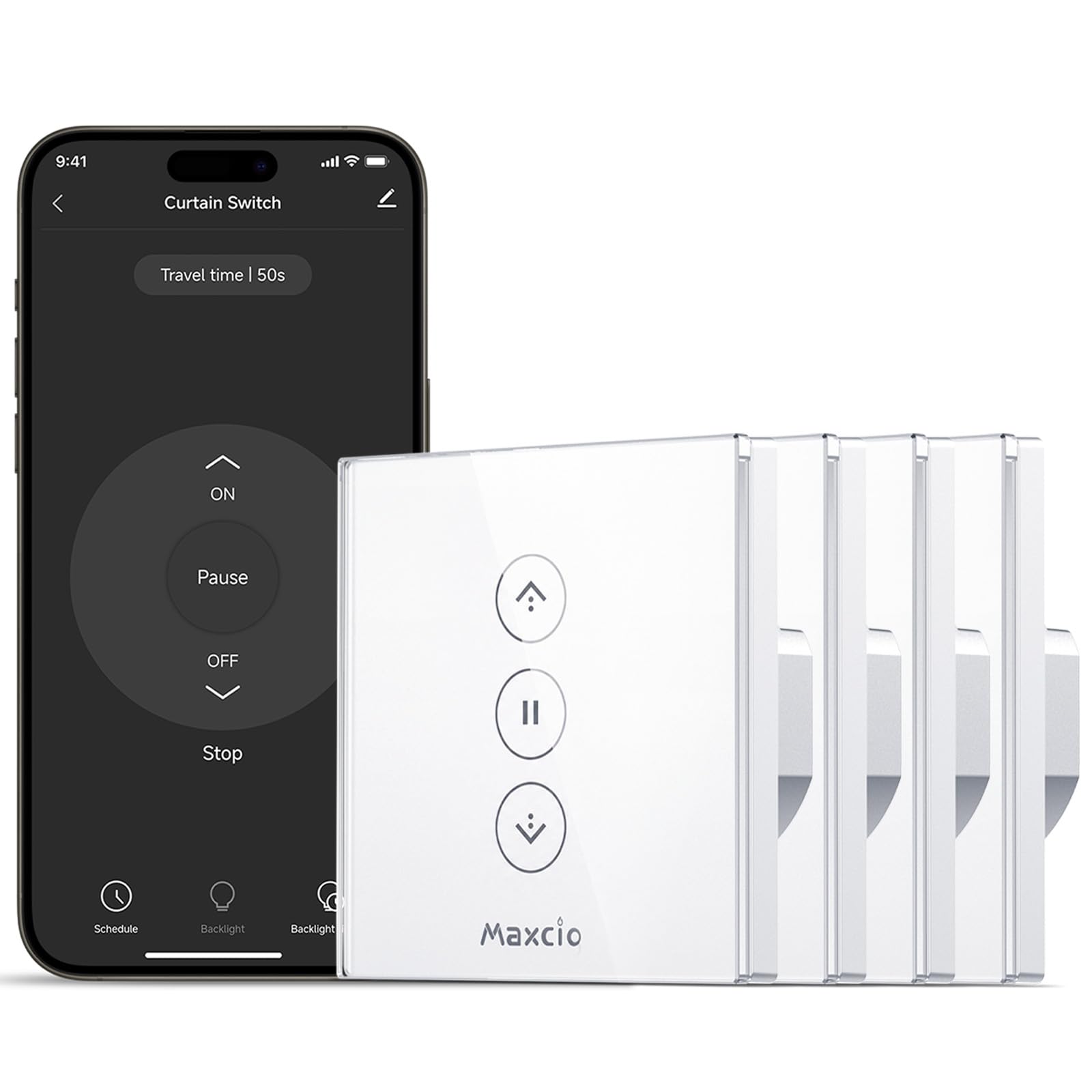 Maxcio Interrupteur Connecté WiFi Volet Roulant Verre Tactile [Fil Neutre] | Interrupteur Intelligent Pour Rideau Compatible Alexa & Google Home, Minuterie Automatique, Commande Vocale & App 4er