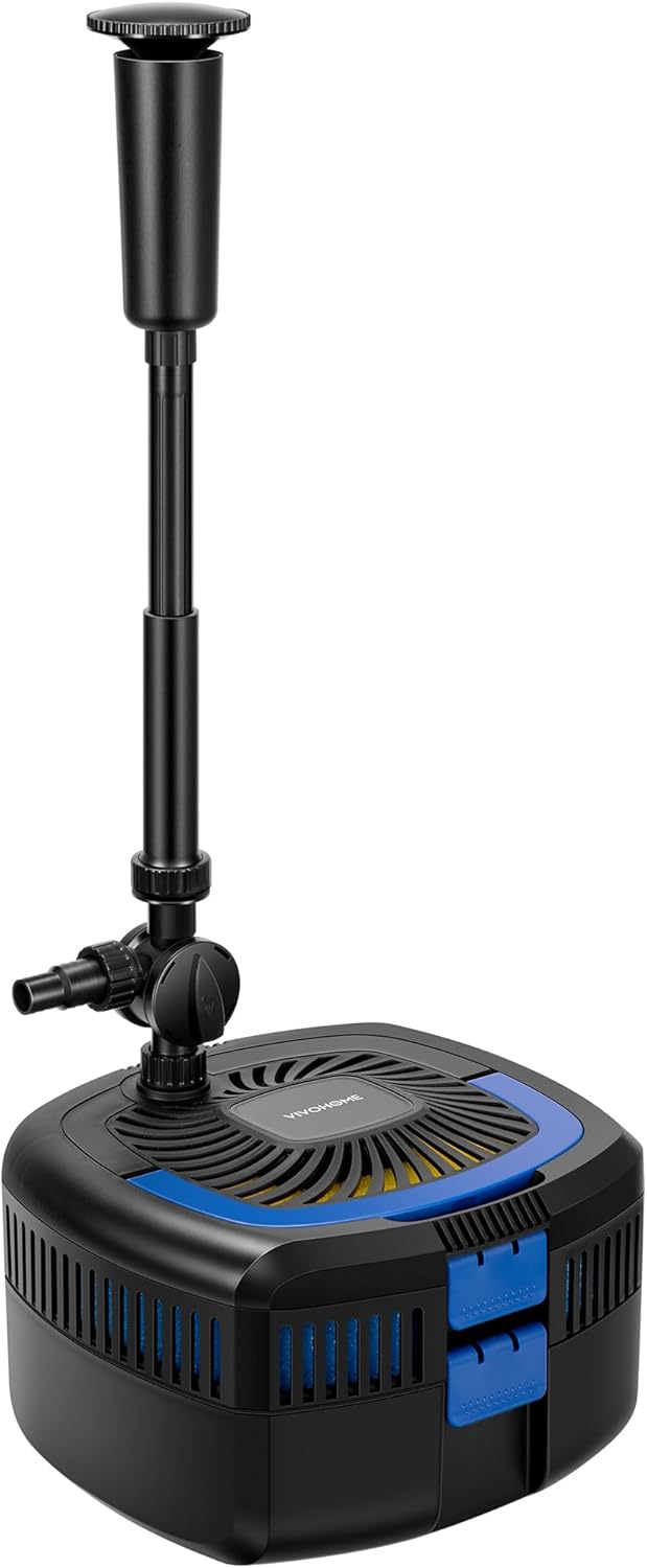 VIVOHOME 4-in-1 Pond Filter System Kits, 1370 GPH Water Pump with Filter, Fountain and 13W Light Combo for Ponds up to 2113 Gallons 1370GPH