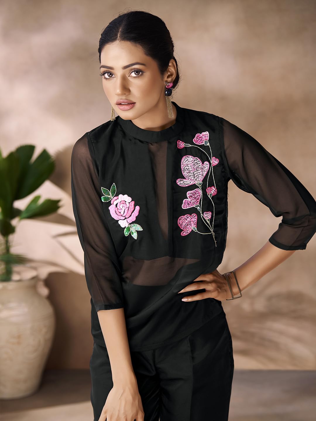 FUSIONIC Black Organza Cut Dana Sequins Handwork Co-Ord Set 3
