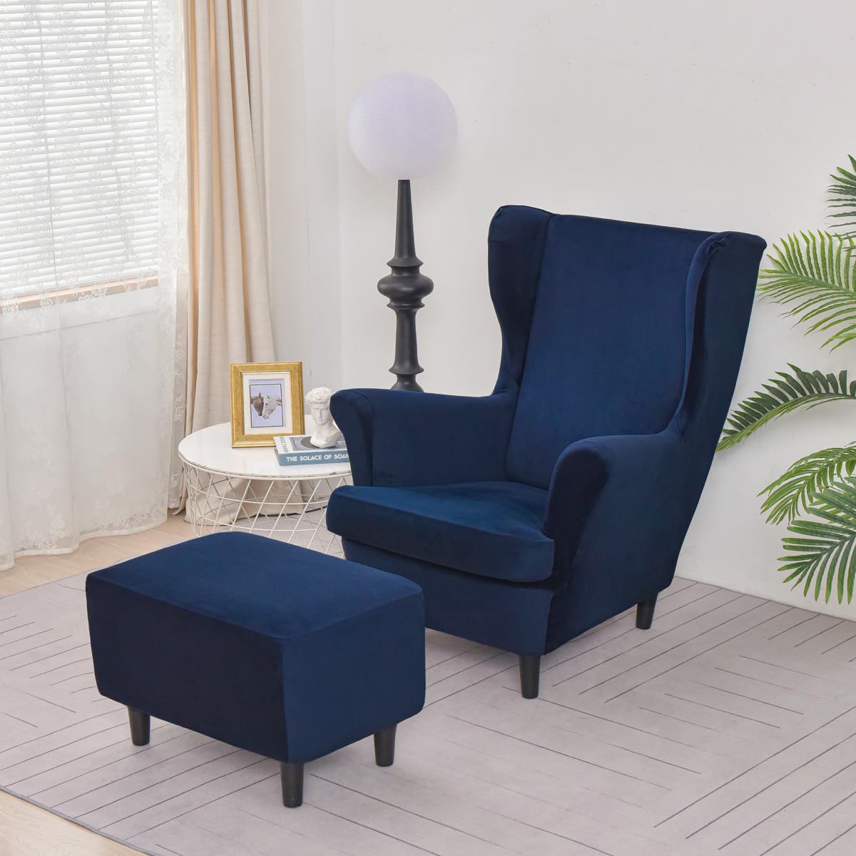 PENDEJATO Wing Chair Slipcovers, 2 Piece Stretch Wingback Chair Cover Soft Velvet Armchair Covers with Elastic Bottom for Living Room Bedroom (Dark Blue)