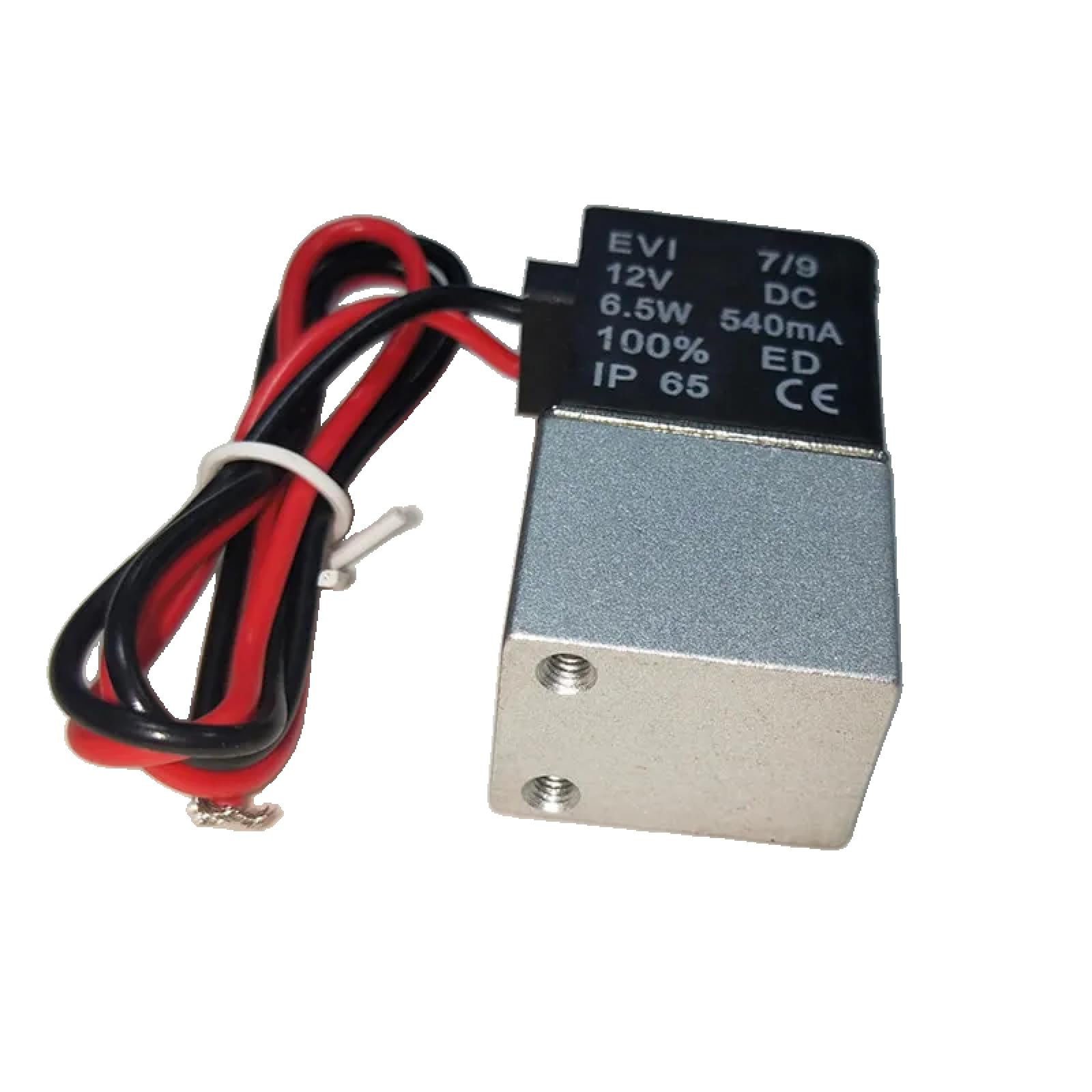 EVI 7/9 Magnetventil, 12 V Gleichstrom, direkt wirkend, 2-Wege normalerweise geschlossen, IP65 bewertet für Wasser-Luftgas, 6,5 W 540 mA, Schwarz mit roter Verkabelung (1/8 Zoll DC 24 V)