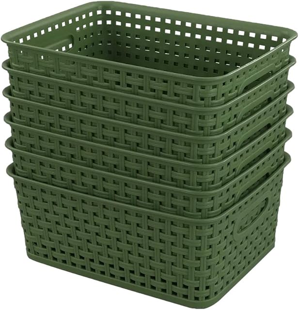 Sandmovie Plastic Woven Storage Baskets Drawer Organizer, Deep Green, 6 Packs