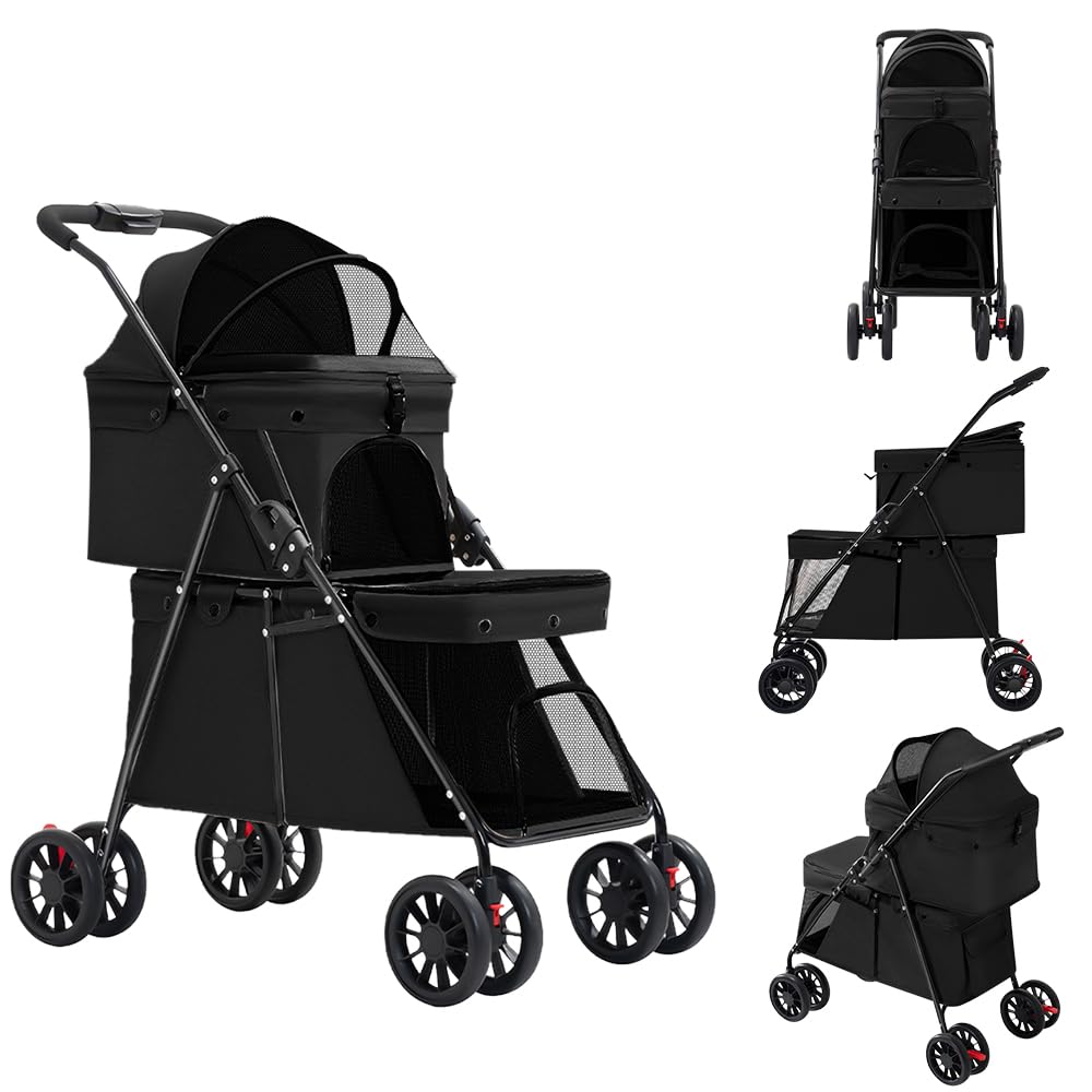 Double Couche Poussette pour Chien Chat Animaux, Animaux Voyage Poussette, Pliable Chien Chat À Quatre Roues Chariot/Landau Jogger/Poussette Buggy-67 * 50 * 95cm- Noir