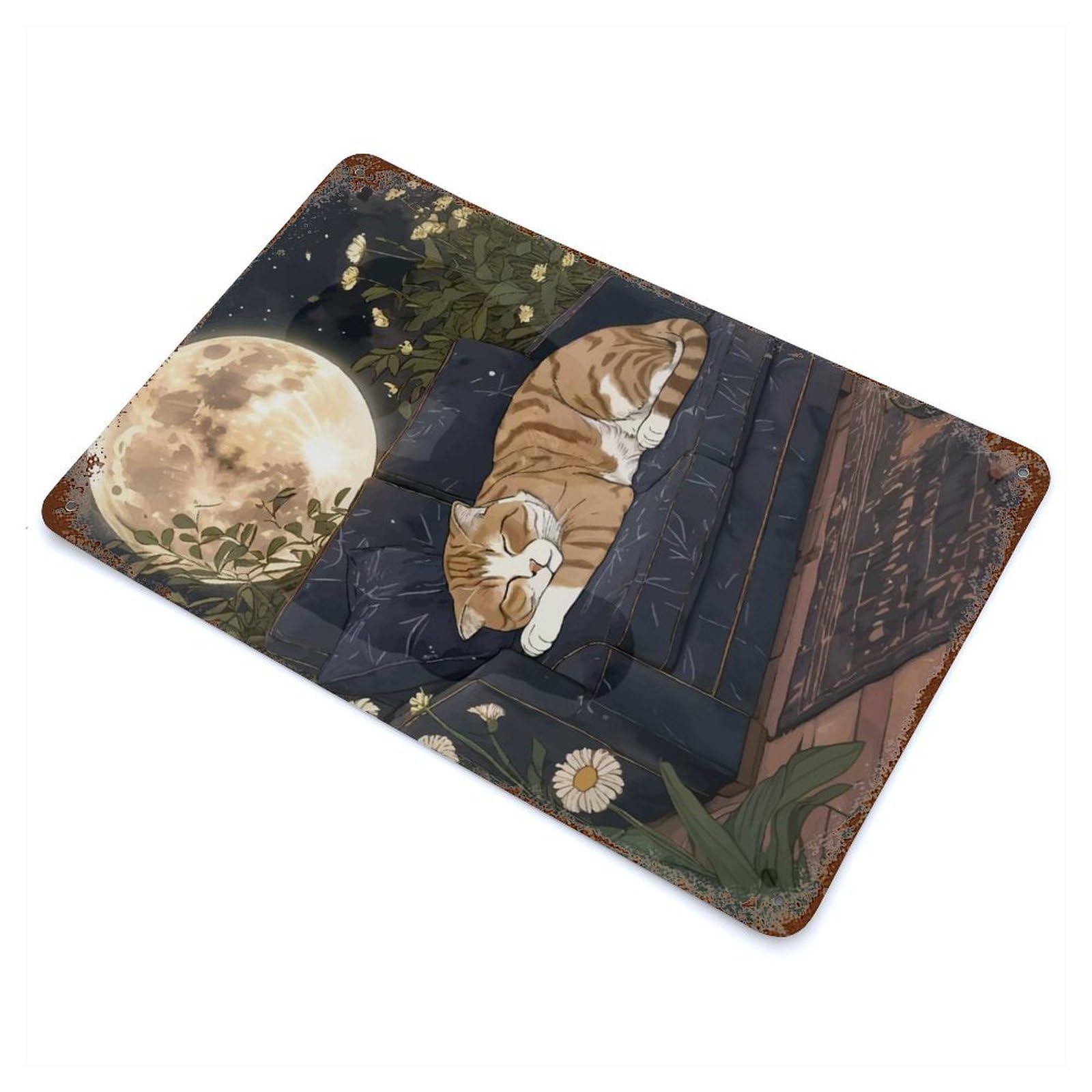 Tabby Cat Sleeping Under The Moon Weathered Tin Sign 11.8"x7.9", Decorative Metal Wall Art for Garage, Bar And Workshop Decor