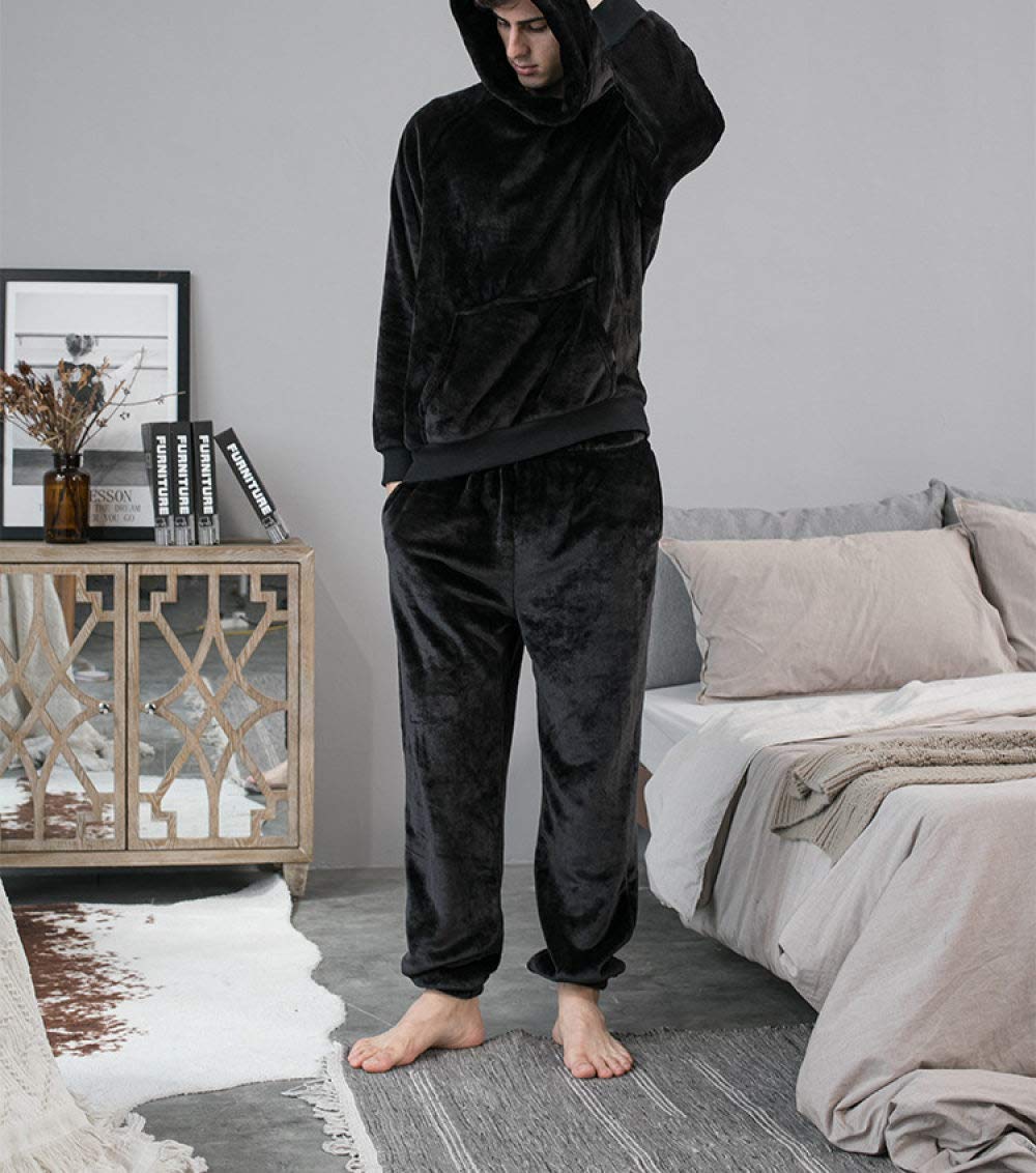 Flanellpyjama Für Herren,Mode Winter Warme Herren Lose Pyjamas Zweiteilige Flanell Haus Tragen Lässige Kapuze Einfache Schwarze Verdickung Plus Samt Elegante Party Bequemen Schlaf