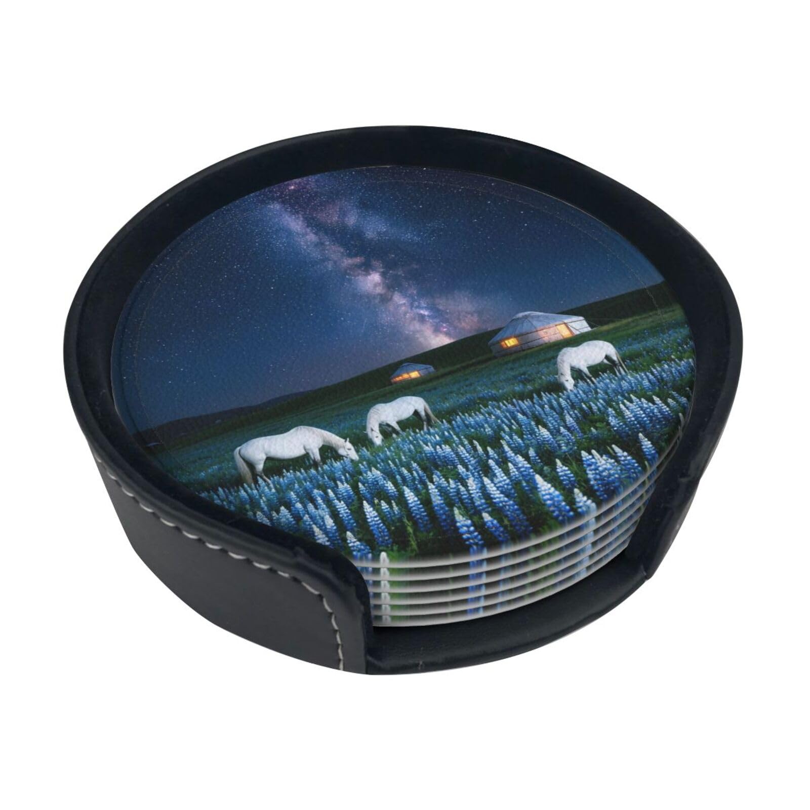Night flowers Leather Coasters-Set of 6 with Storage Holder