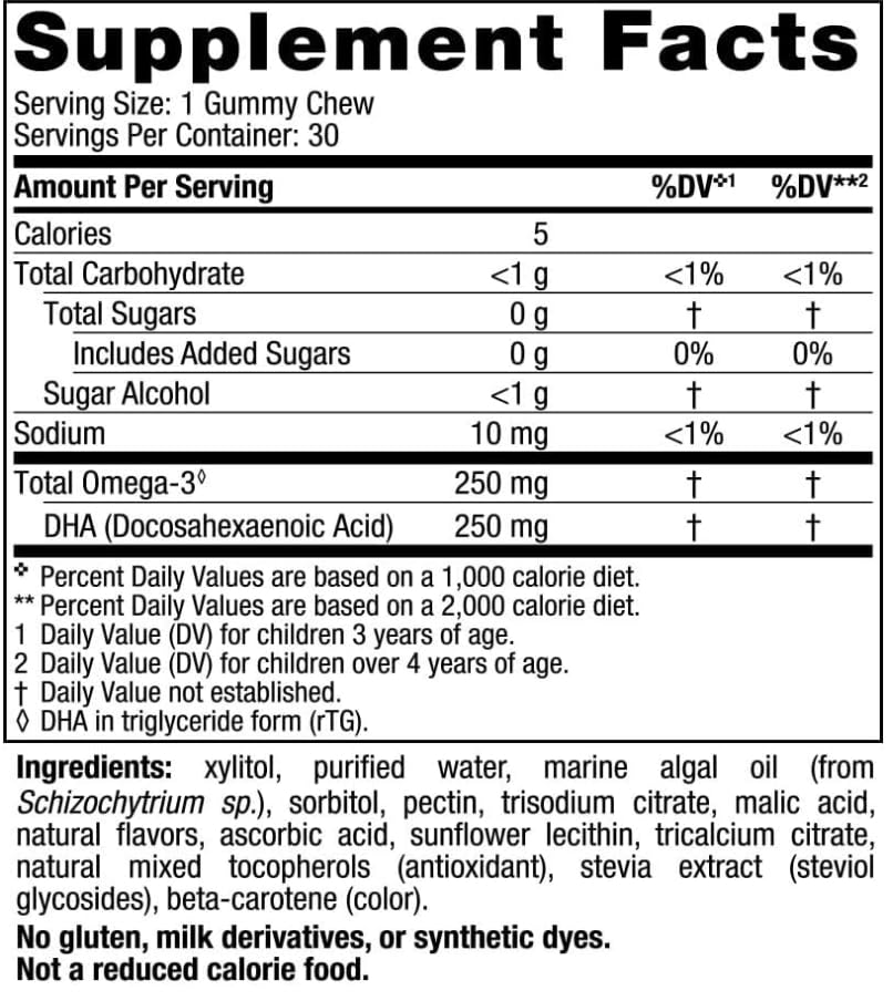Gomitas masticables veganas DHA para niños, cero azúcar, omega-3 de aceite de algas, limón de fruta de la pasión, 30 gomitas