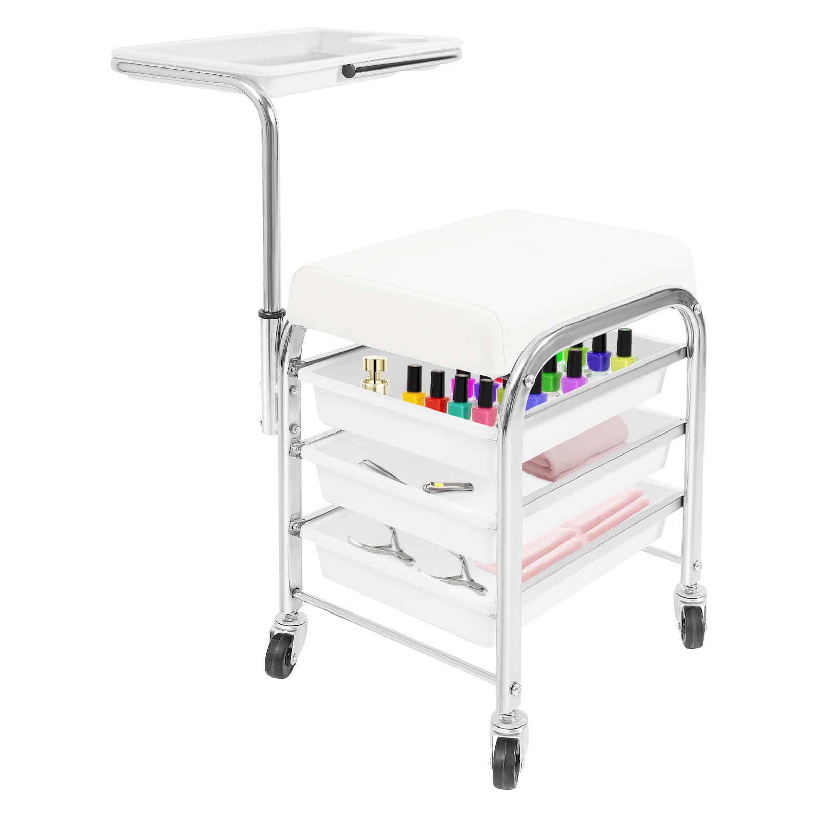 Carro de manicura regulable en altura blanco 100 kg 3 capas ruedas bandeja 20,87-30,31 pulgadas 12,2 x 14,96 x 17,32 pulgadas