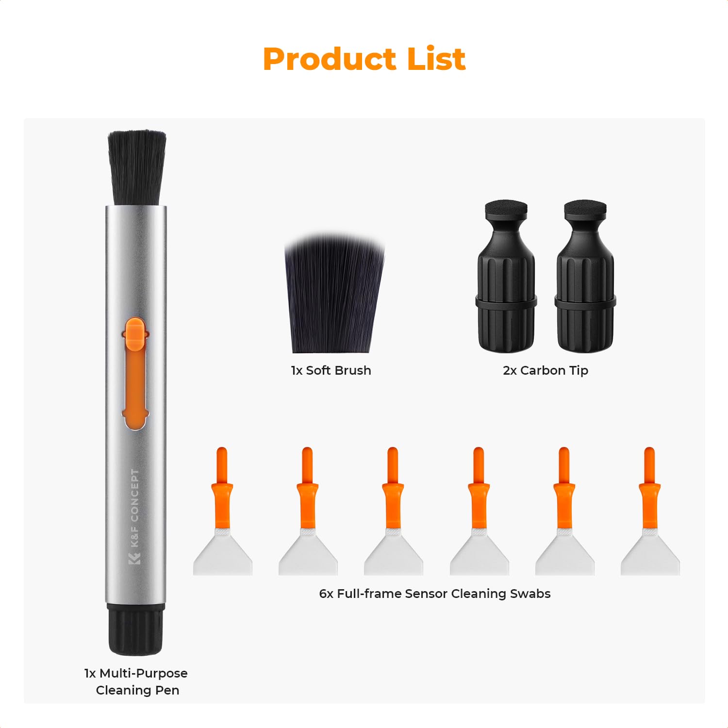 K&F CONCEPT Kit Pulizia per Obiettivo,9 in 1 Set Penne Pulizia per Fotocamere DSLR, Lenti, Filtri, Lenti da Drone,Penna Pulizia Doppia Punta,Fatto in Alluminio, 6 Tmponi Full Frame