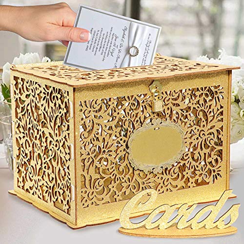 Ourwarm Glittery Gold Wedding Card Box With Lock, Wood Gift Card Box Holder Money Box For Wedding Reception Birthday Party Baby Shower, Open House Celebration Or Graduation Party Decorations #TOP6