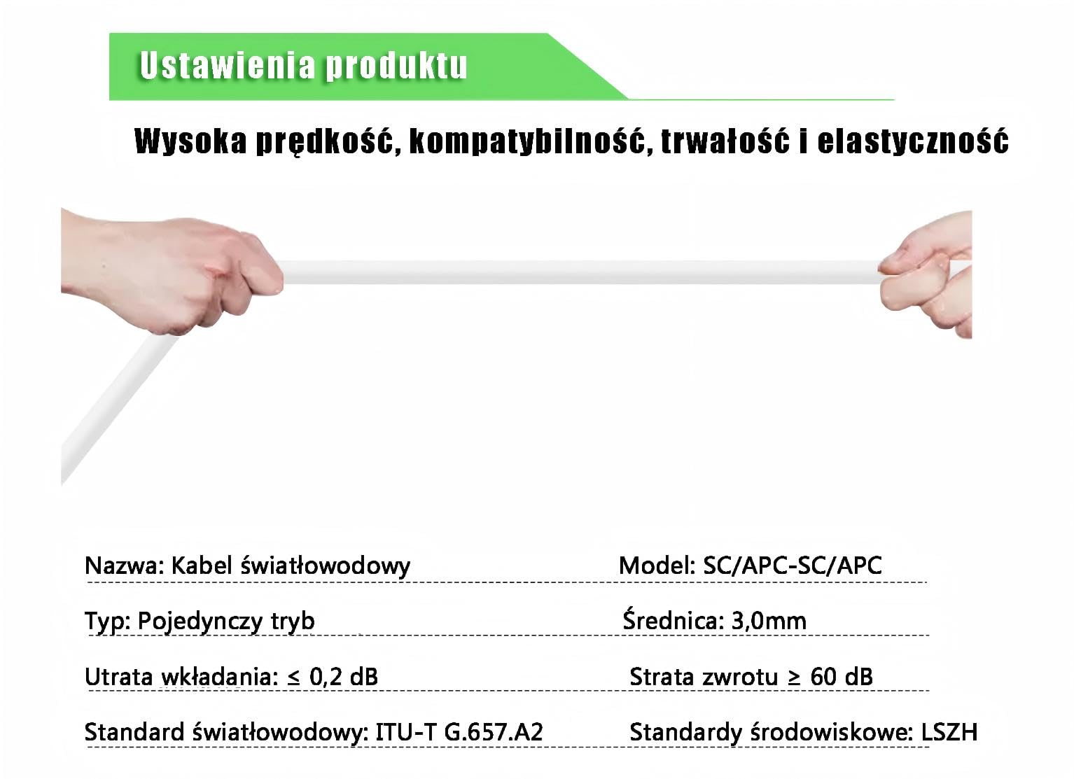 Kabel światłowodowy SC/APC-SC/APC do Orange, PLAY, Vectra, Netia, T-Mobile, Plus, Jednomodowy kabel światłowodowy Simplex, Przedłużacz światłowodowy (20M)