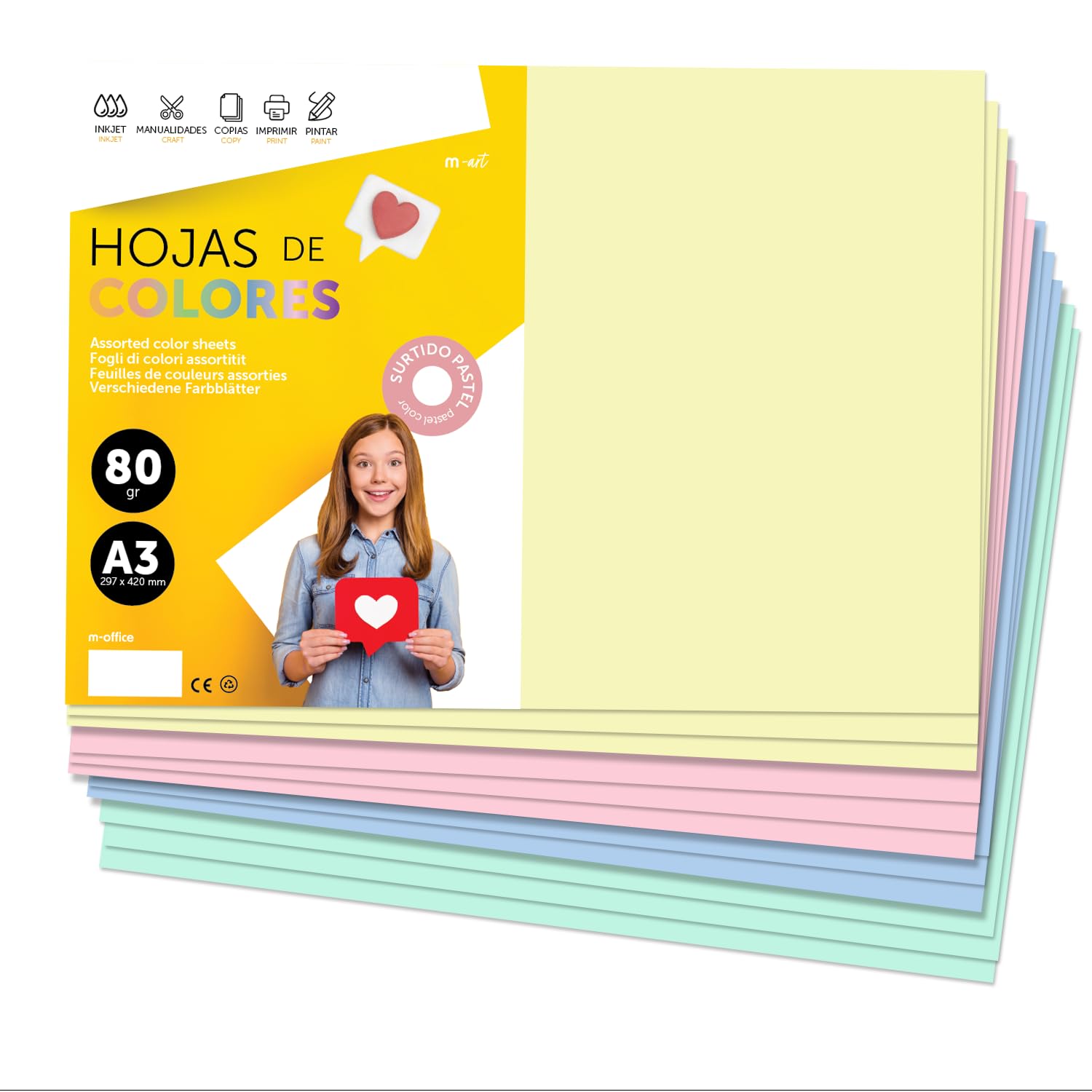 A3 Coloured Paper - 80g A3 Sheets for Inkjet and Laser Printers, Ream Paper for Crafts, DIY and Decoration m-Office (100 Sheets, Pastel Selection) โ image 1