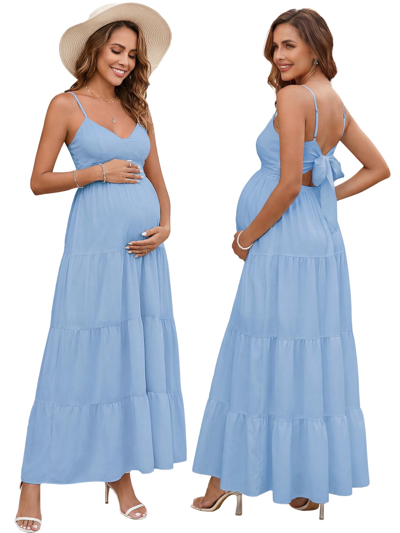 htzmo Maternity Floral Summer Maxi Dress Bow Tie V Neck Baby Shower Photoshoot Casual Boho Long Sundress for Women-picture-18