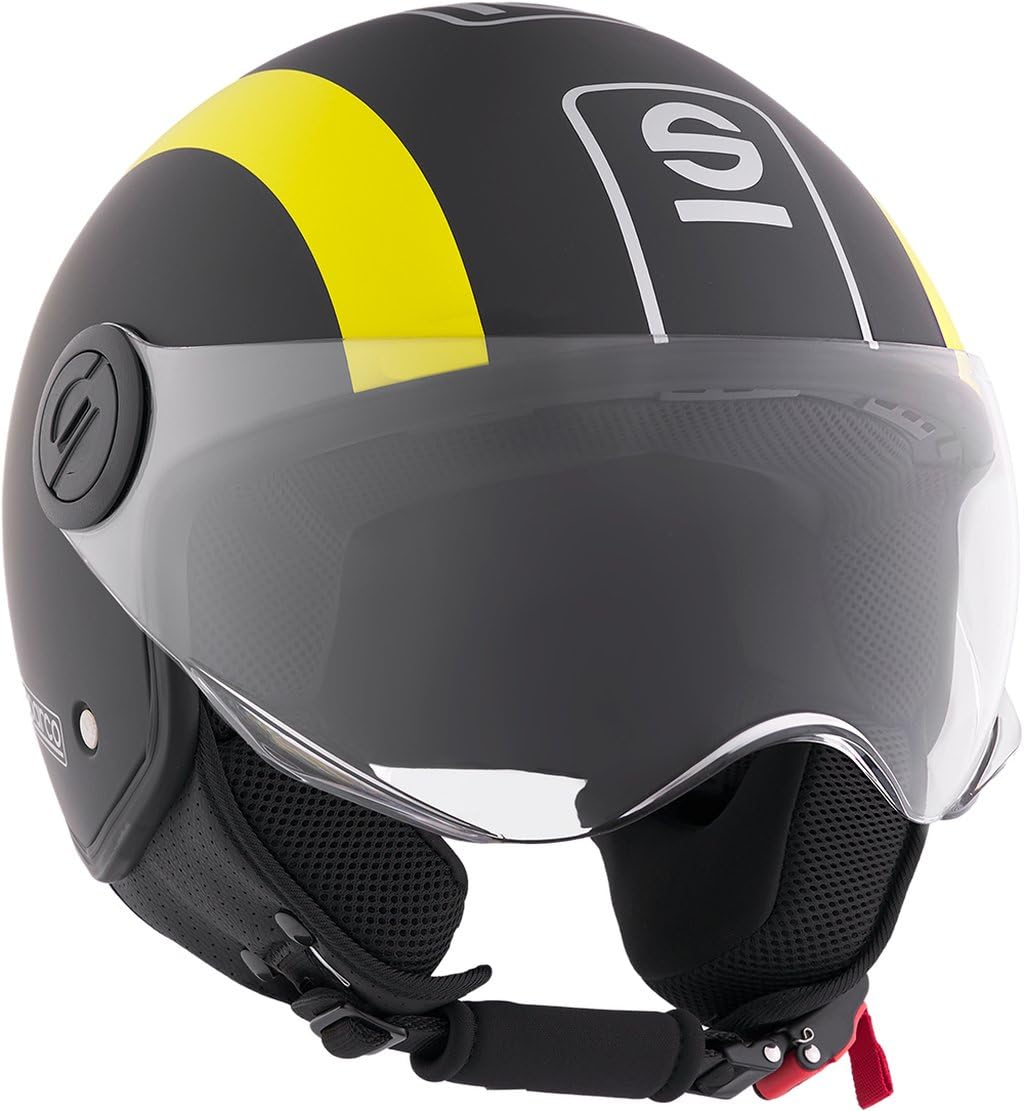Sparco Riders Casque Demi-Jet SP601 Homologué ECE 22.06 avec Visière Anti-Rayures et Déclenchement Micrométrique, Noir, Large, Adulte, Mixte | Homologué ECE 22.06, Adulte, Idéal pour la Ville, Homme et Femme, Casque Moto et Cyclomoteur