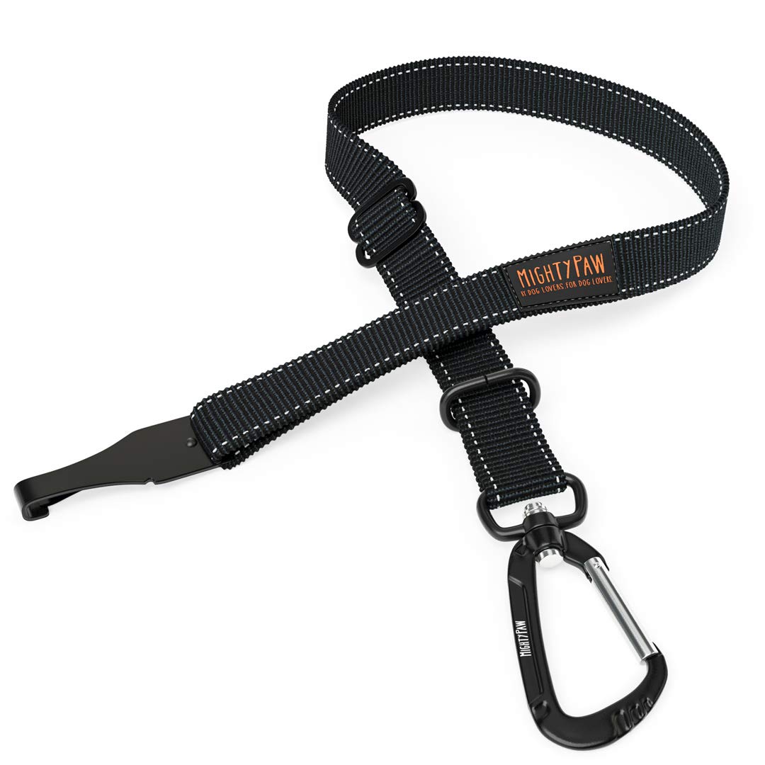 Mighty Paw Safety Belt, Dog Seat Belt, Latch Bar Attachment for Optimal Safety and Security, All Metal Hardware, Tangle-Free Swivel Attachment, Carabiner, Adjustable Length. (Black)