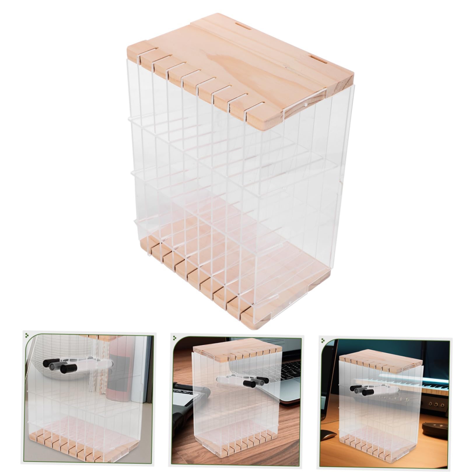 LALAFINA Multifunktionaler Stiftehalter 108 Stifte aus Acryl und Holz mit Fächern Je Regal Sicher Abgerundete Kanten für Schreibtisch und Büro