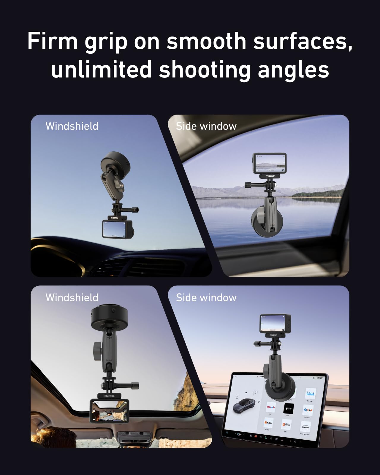TELESIN Soporte de coche eléctrico con ventosa para DJI Action 6, 5 Pro/4, GoPro Hero 13/12/11, Insta360 X5/X4, ventosa para parabrisas y salpicadero, brazo ajustable de 360°