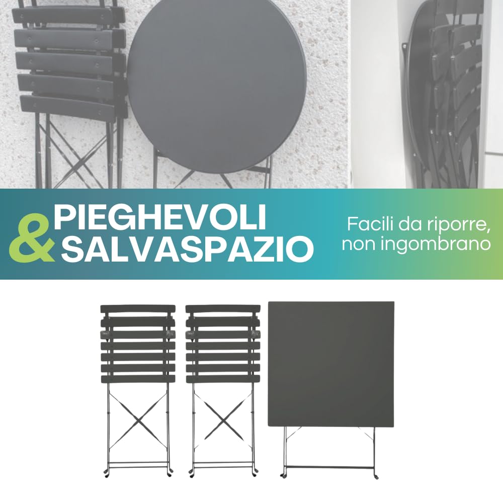 PALUPLUS Set da Bistrot 3 Pezzi, Tavolo Pieghevole QUADRATO 60x60x71 cm, 2 Sedie in Metallo 41x46x80 cm, Ideale per Balcone e Giardino, Design Elegante e Salvaspazio -7124F-15,8 (Grigio Antracite)