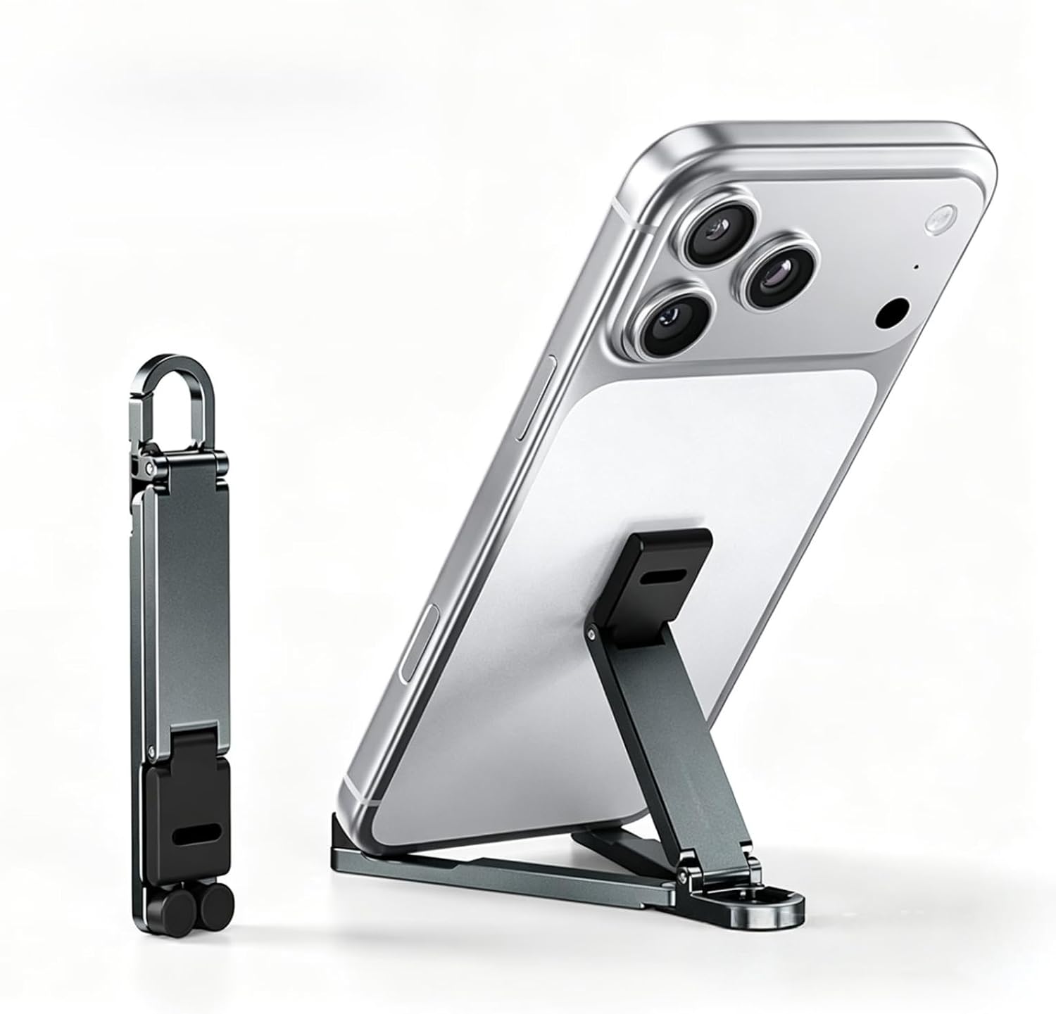 Keychain Phone Stand, Foldable Plastic Mini Cell Phone Holder, Adjustable Angle Lightweight Portable Desktop Mount for Desk, Travel & EDC(Gray)