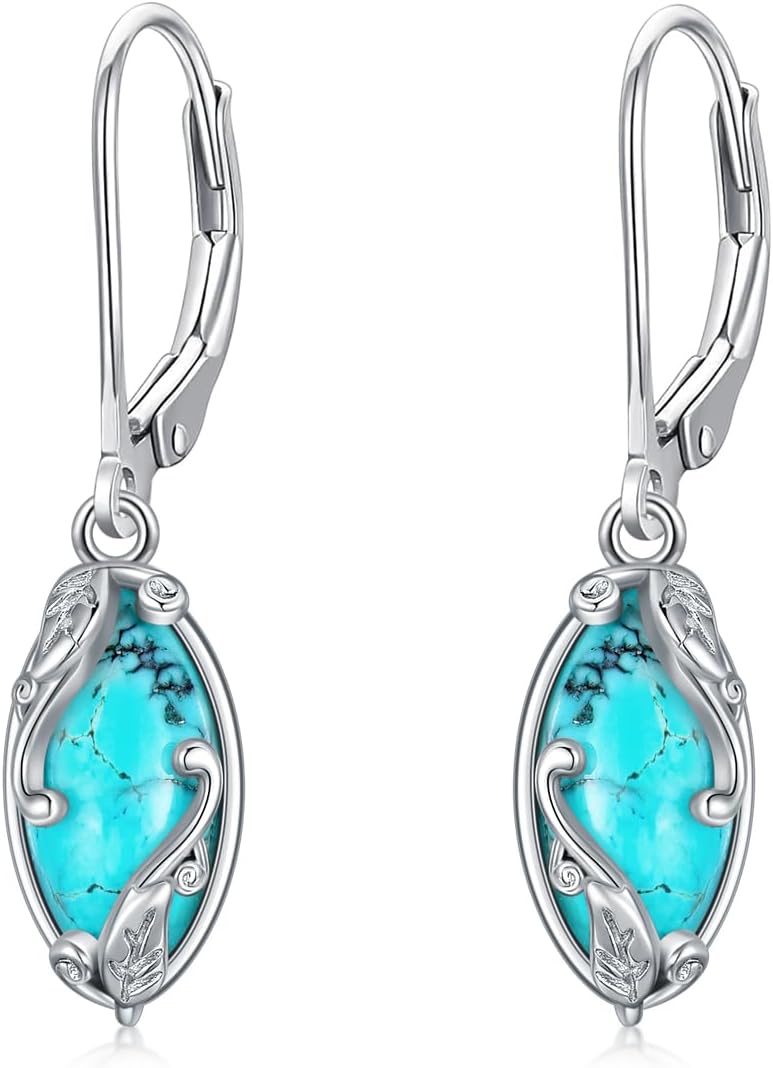 Lvoryance Marquise Shaped Genuine Turquoise Earrings 925 Sterling Silver Green Turquoise with Leaf Leverback Dangle Earrings for Women Gifts