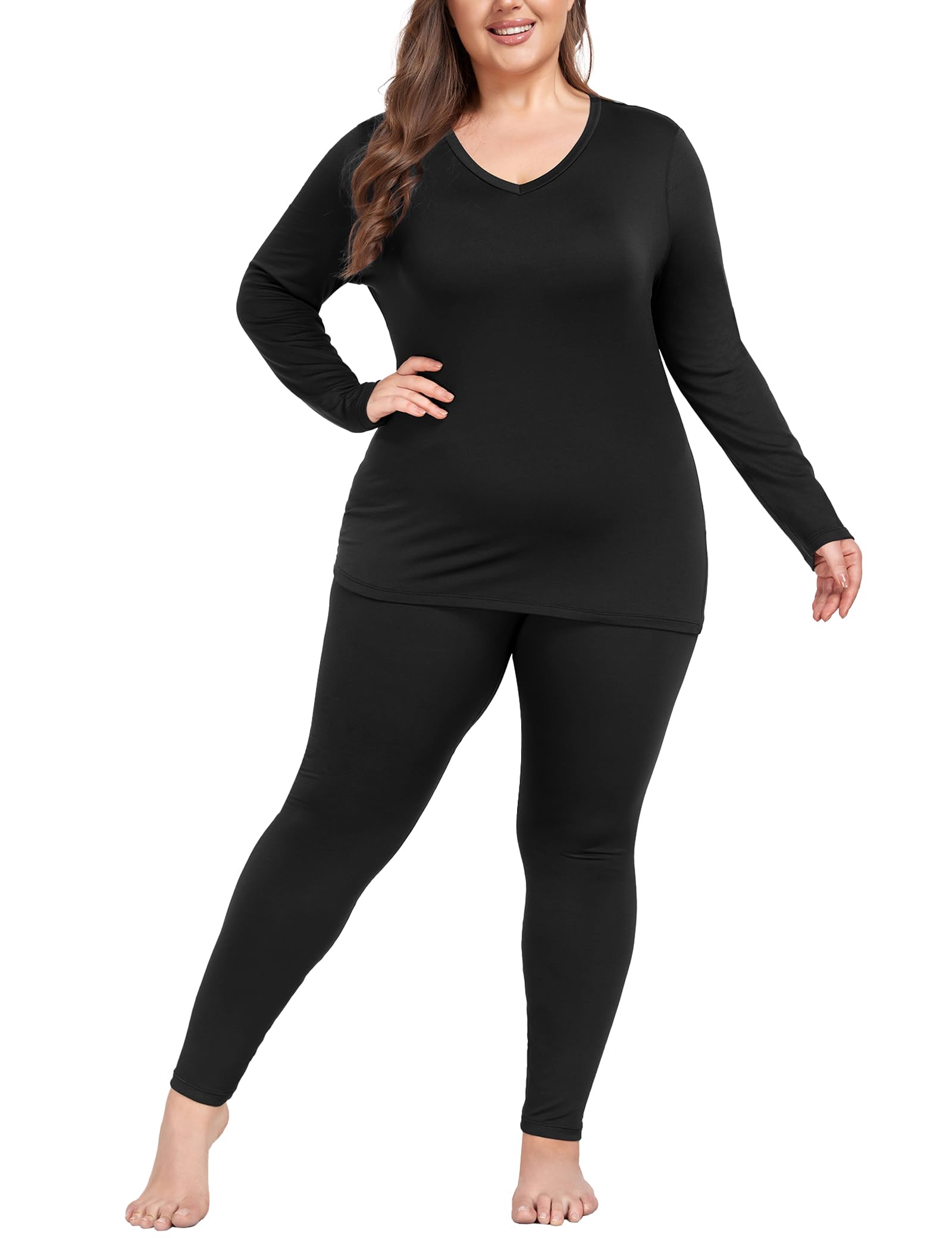 COOTRY Plus Size Thermal Underwear for Women V Neck Long Johns Base Layer Winter Top and Bottom Sets V Neck Black 3XL