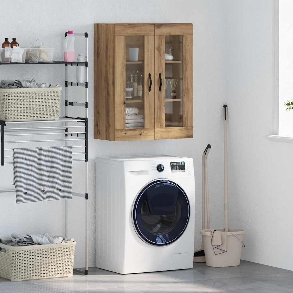 Armadietto da parete in rovere Artisan in Engineered Wood e vetro 69,5 x 34 x 90 cm con 2 ante, contenitore moderno per soggiorno, sala da pranzo, ufficio, montaggio a parete salvaspazio