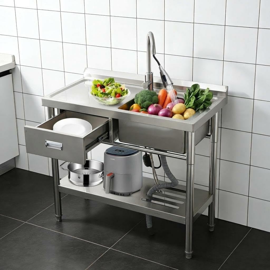 Küchenspüle Edelstahl Freistehend Mit Schublade & Arbeitstisch Waschbecken | Mit Ausziehbarer Armatur, Warm- & Kaltwasseranschluss, Outdoor Spüle Waschbecken Für Outdoor, Küche, Camping
