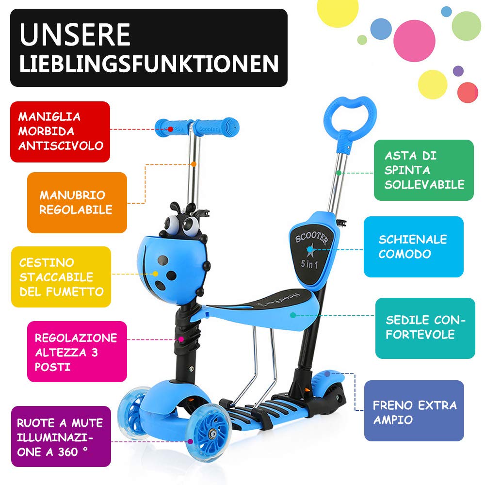 YOLEO Monopattino per Bambini 5-in-1, Monopattino 3 Ruote Lampeggianti in LED, Kids Scooter, Con Sedile Estraibile/Monopattino Bambini 2 a 8 Anni, Carico Massimo 50 Kg