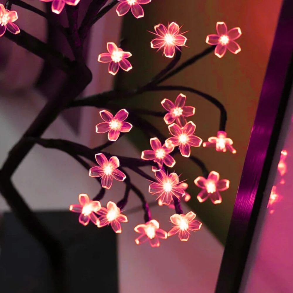 KHIZAR Bed Side Artificial Tree Lamp Cherry Blossom Silicone Flower 28 Led Lights Ramadan Festival Home Decor Eid Festival Room Decoration (Red Color) 4