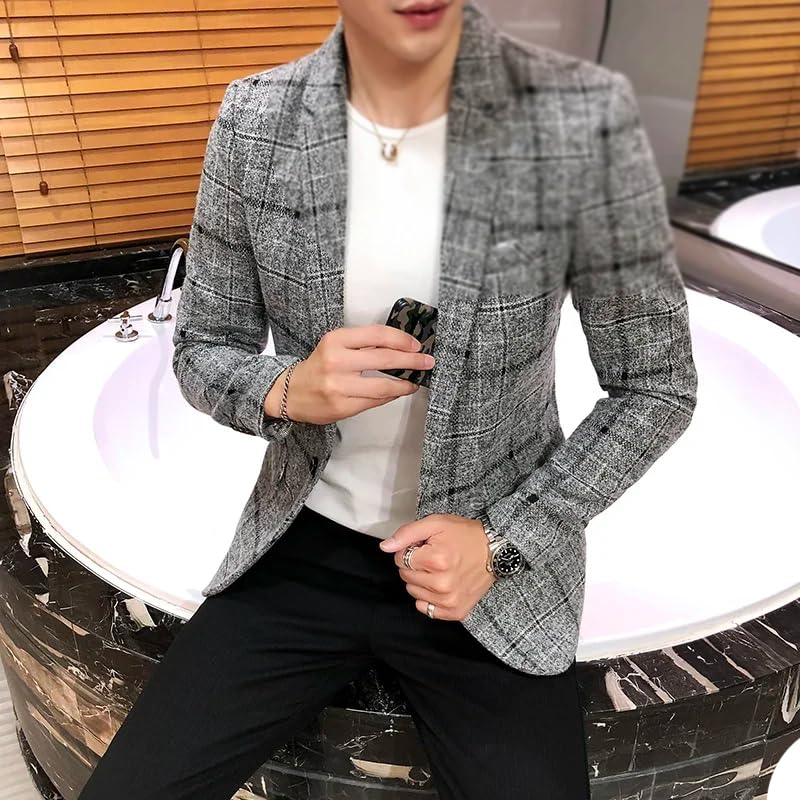 Spring and Autumn Japanese Style Print Stand Collar Mens Casual Plaid Blazer3