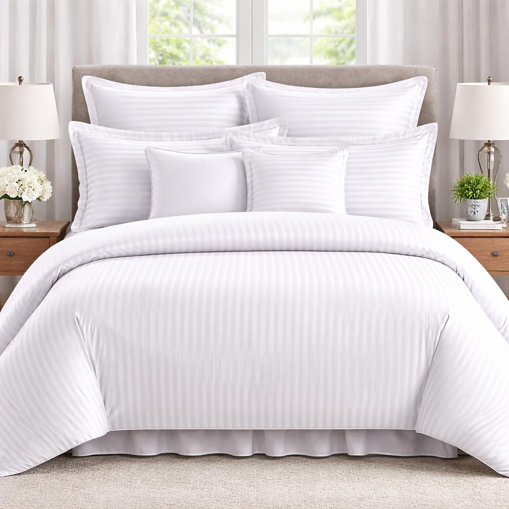 Luxury Home & Hotel Sytle, 300 TC White Striped, Satin Stripe Bedding with Pillow Cover Bedsheet (Single)-image-2