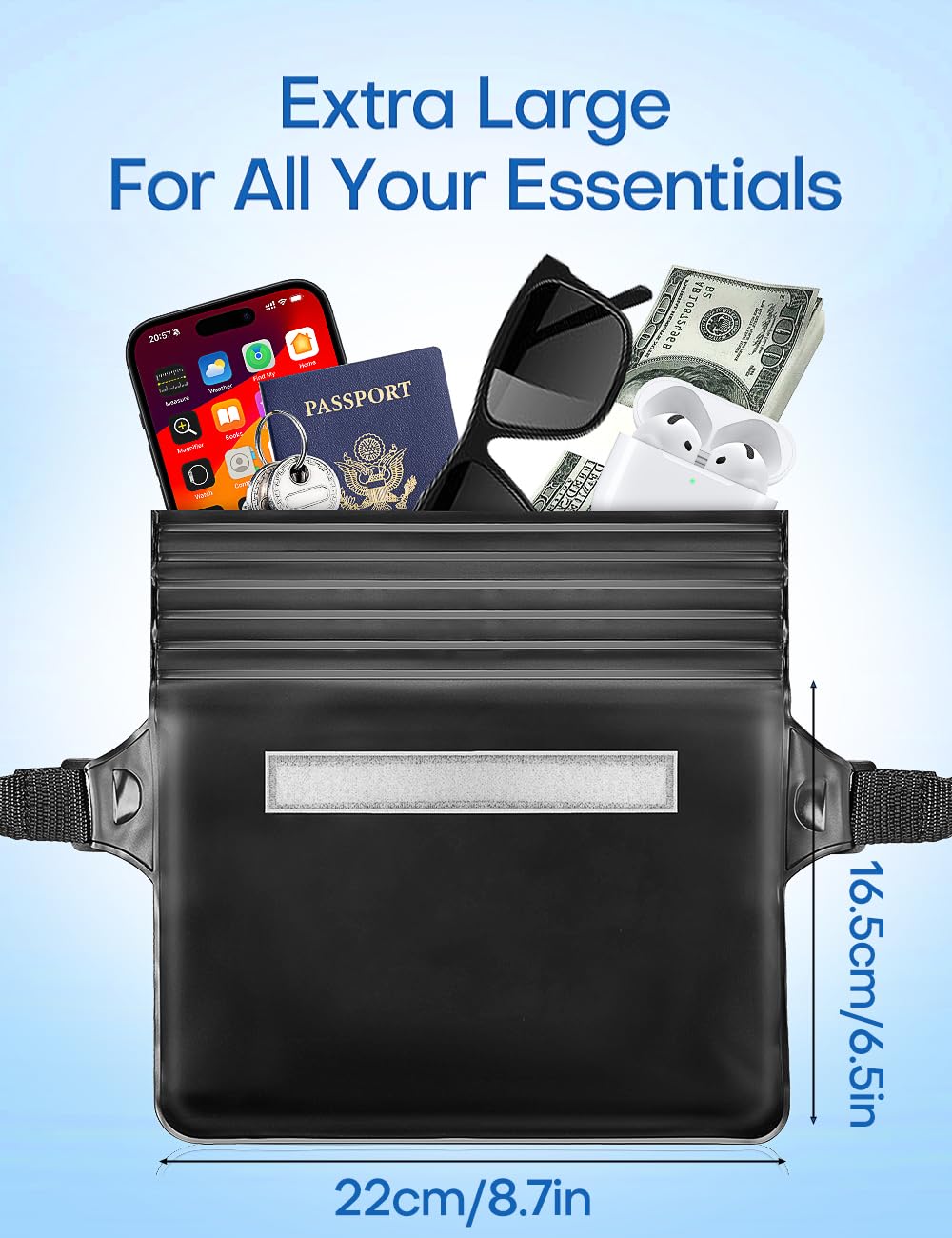 Henrycares 2 Pezzi Marsupio Impermeabile Mare, IPX8 Borsa Impermeabile con Tripla Tenuta, Cintura Regolabile Estesa, Busta Impermeabile Mare per Subacqueo, Spiaggia, Kayak (Nero+cristallo Grigio)