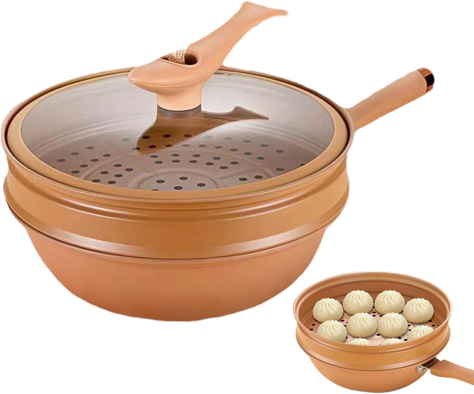 12.6in Iron Wok with Lid, Pottery Clay Micrr-o Pressure Pot, Wok with Steamer Basket, Clay Pots for Cooking, Non Stick Clay Wok, Wok with Lid Non Stick, Pressure Non Stick Pan Flat Bottom Wok