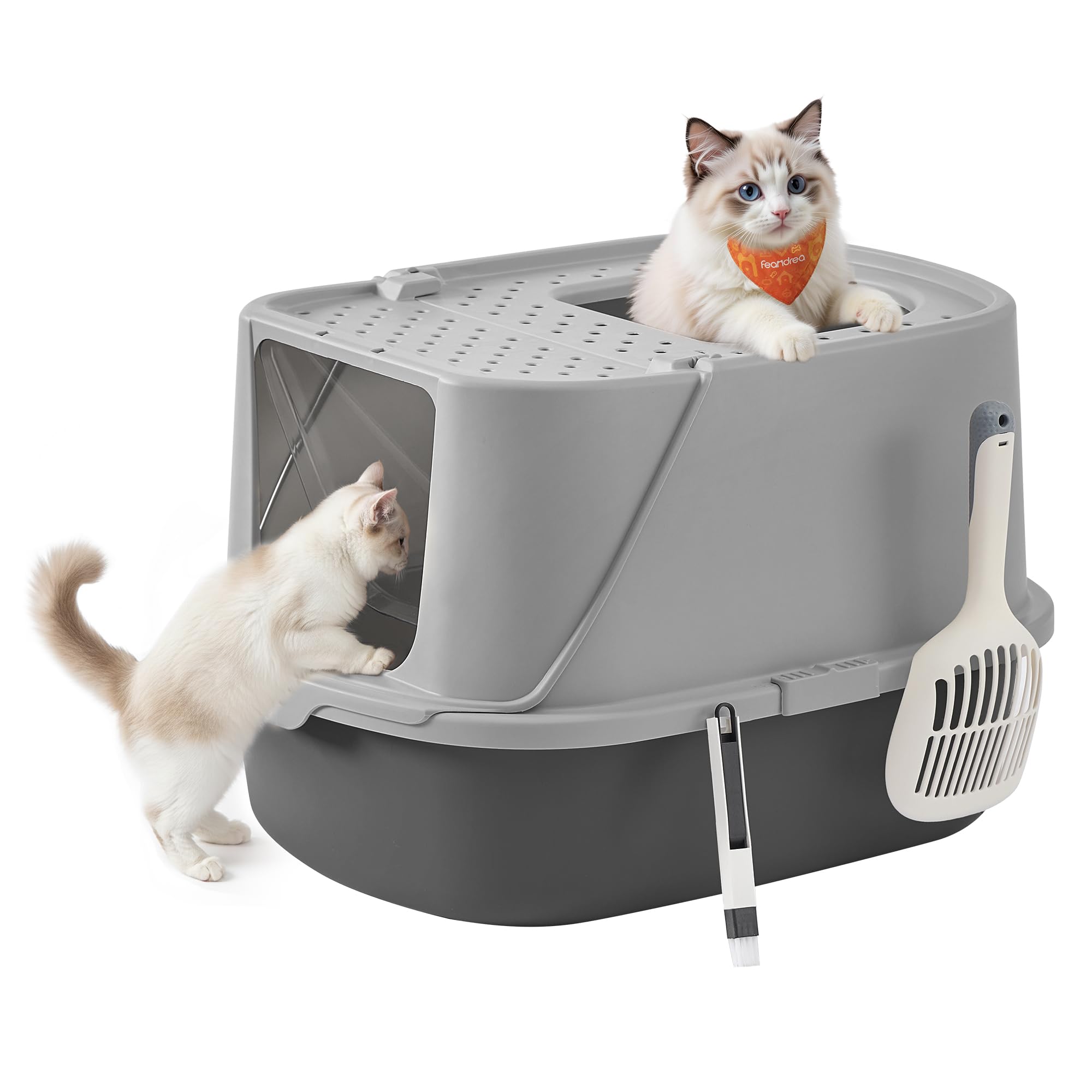 Feandrea Katzenklo groß XXL, Katzentoilette mit Deckel, mit Schaufel und Bürste, für Katzen bis 15 kg, Taubengrau-schiefergrau PPT011GN01