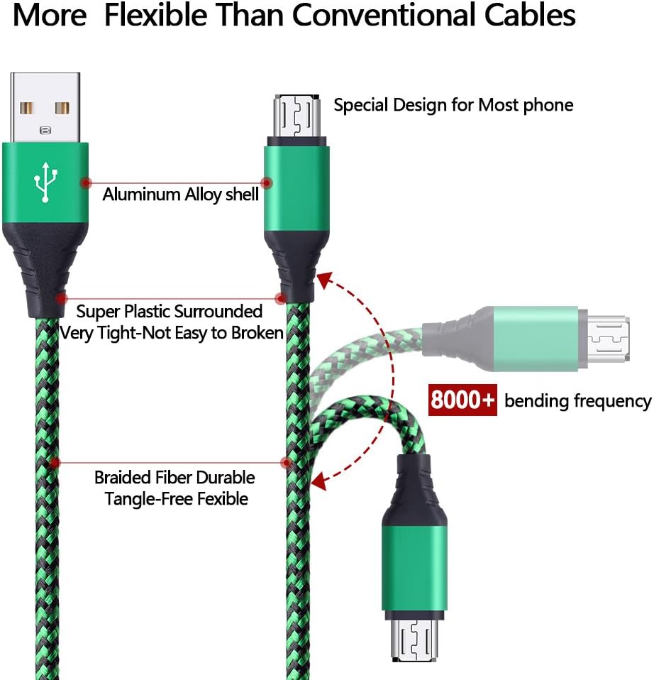 Micro USB Cable, Kakaly 5 Pack 6Ft Long Braided Nylon High Speed Fast Android USB Quick Charging Cord Compatible for Samsung Galaxy S7 Edge S6, Note 4 5, LG,Moto X, HTC, Android Tablets and More