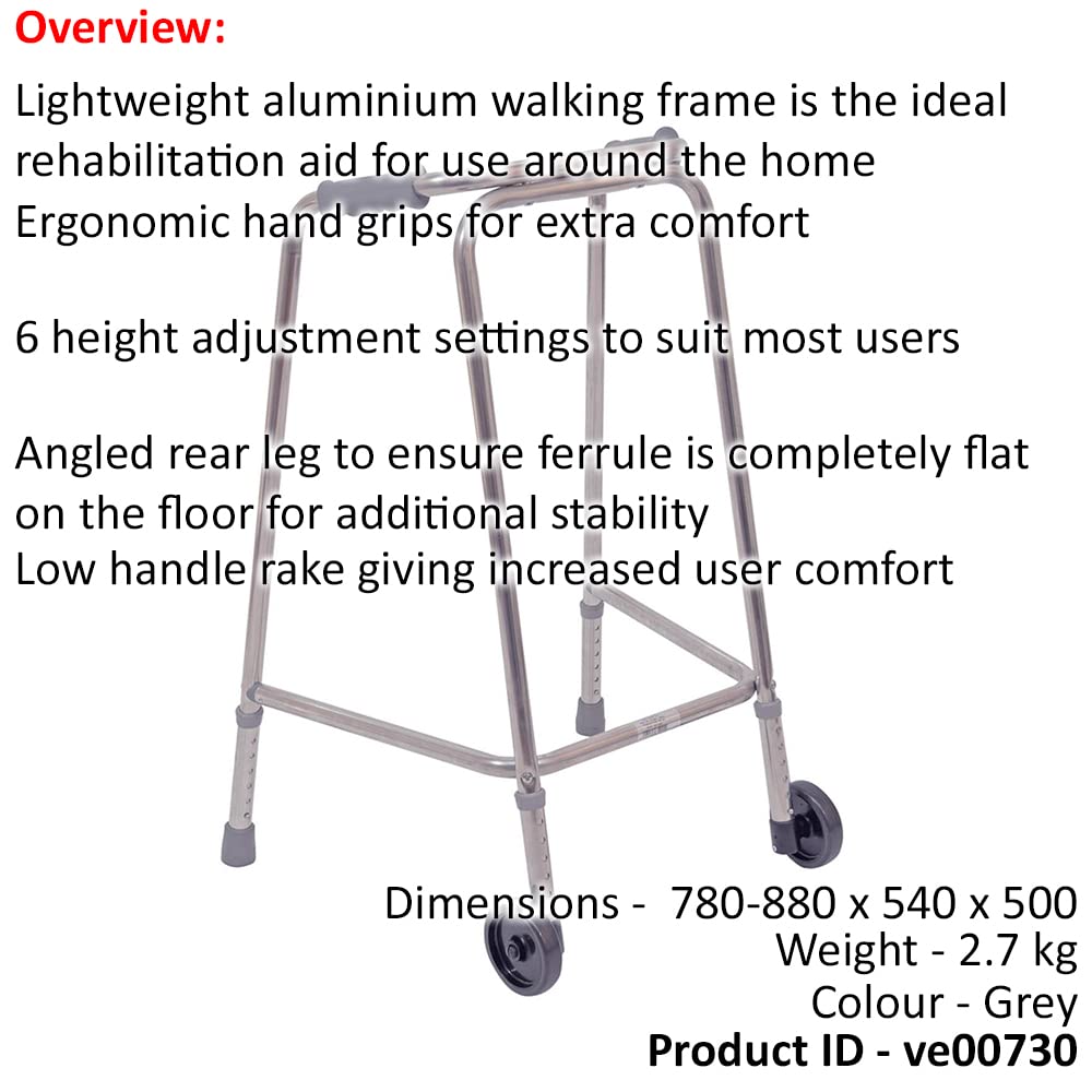 Ultra wąska rama do chodzenia z kółkami, smukła konstrukcja, szerokość 490 mm, średnia, lekkie aluminium, antypoślizgowe gumowe okucia, ergonomiczne uchwyty, pomoc w chodzeniu rehabilitacyjnym