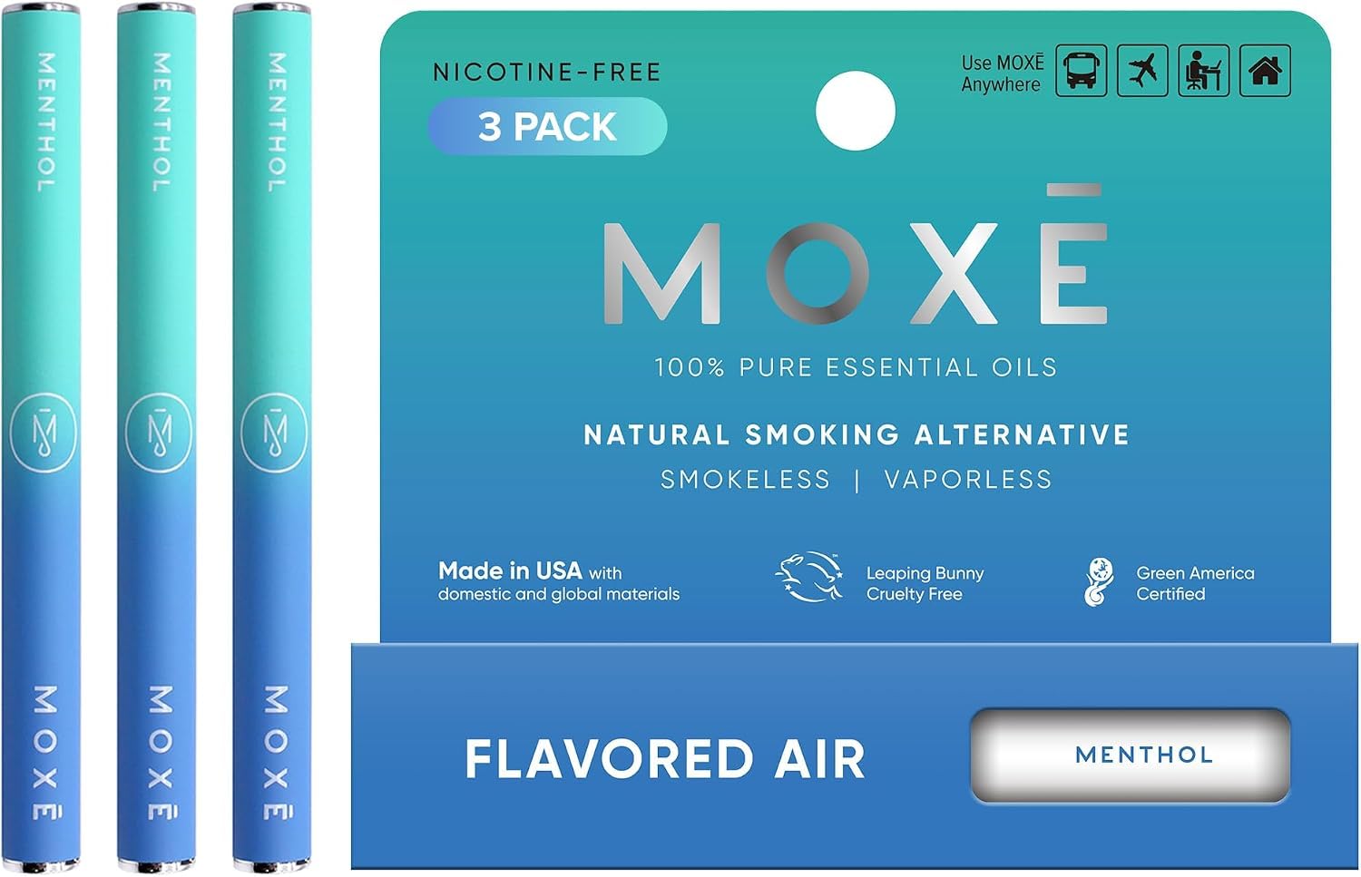 MOXE Natural Menthol Smokeless Inhaler, Non-Electric Craving Relief, 3PK
