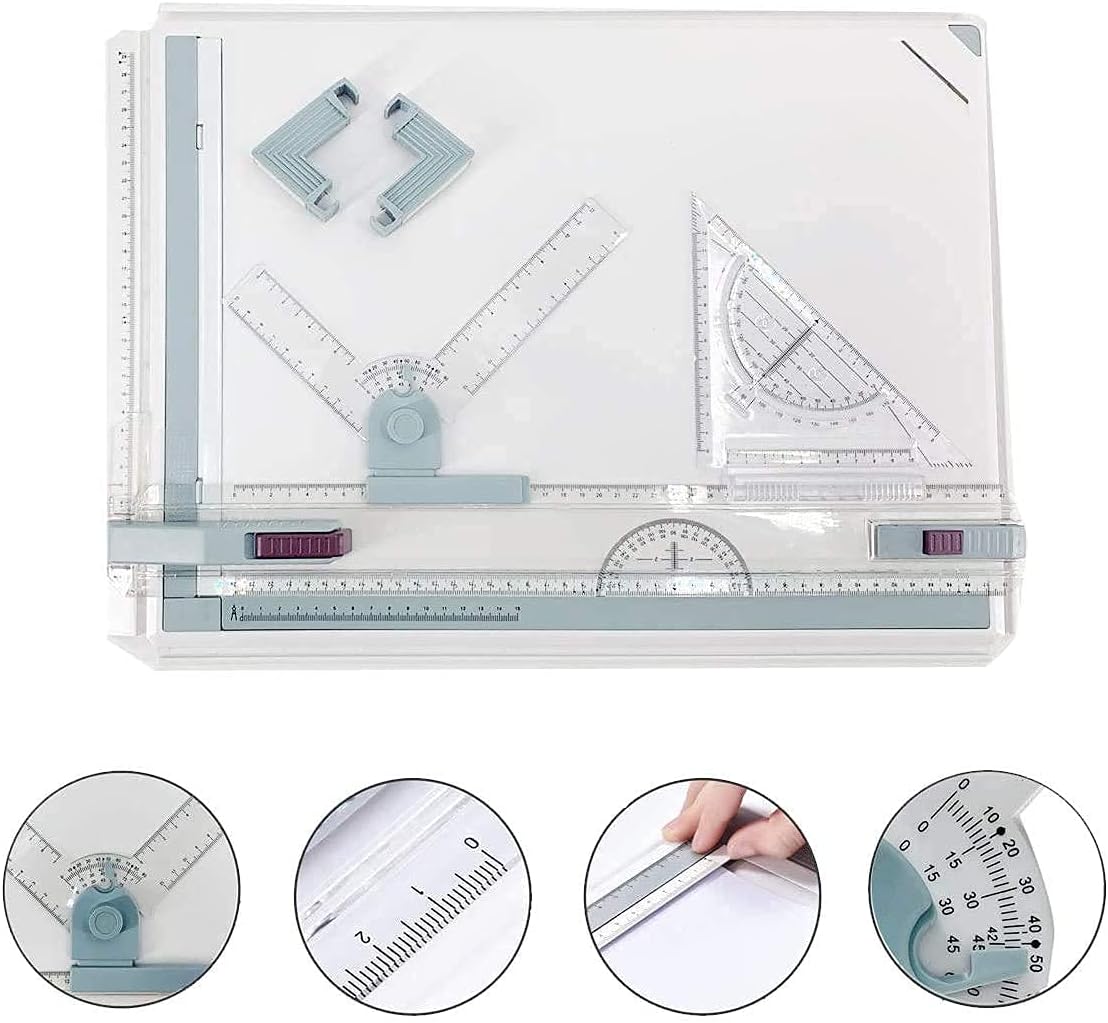 DOMINTY Drafting Table Drawing Board, Drawing Tool Set Graphic Architectural Sketch Board with Parallel Motion, Set Square, Clamps, Protractor, Anti Slip Support Legs, Sliding Ruler (20.1"14.6"0.35")