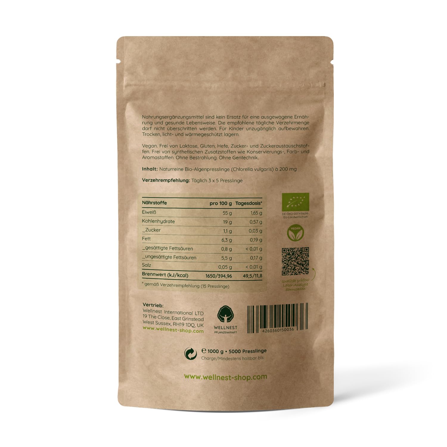 Bio Chlorella 1000 g | Detox Superfood vegan | Algen reich an Mineralstoffen, Vitaminen und Spurenelementen | 5.000 Presslinge á 200 mg | Rückstandsgeprüft in deutschem Labor