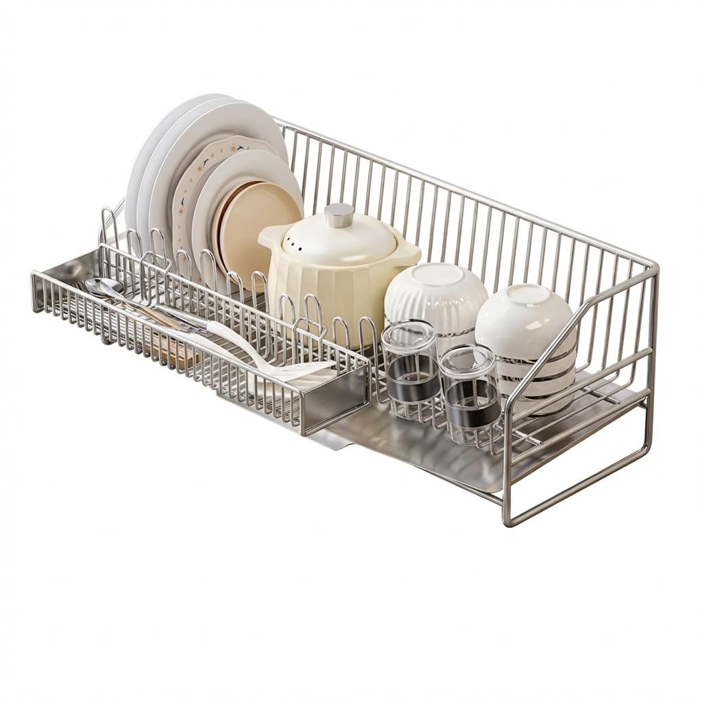 Dish Drying Rack, 304 Stainless Steel, Draining Basket, Dish Stand, Dish Holder, Dish Storage Shelf, Knife Stand, Chopsticks Basket, Cup Holder, Drying Rack, For Kitchen, Multi-functional, Decorative Primary Stainless Steel Color 水切りラック+箸立て
