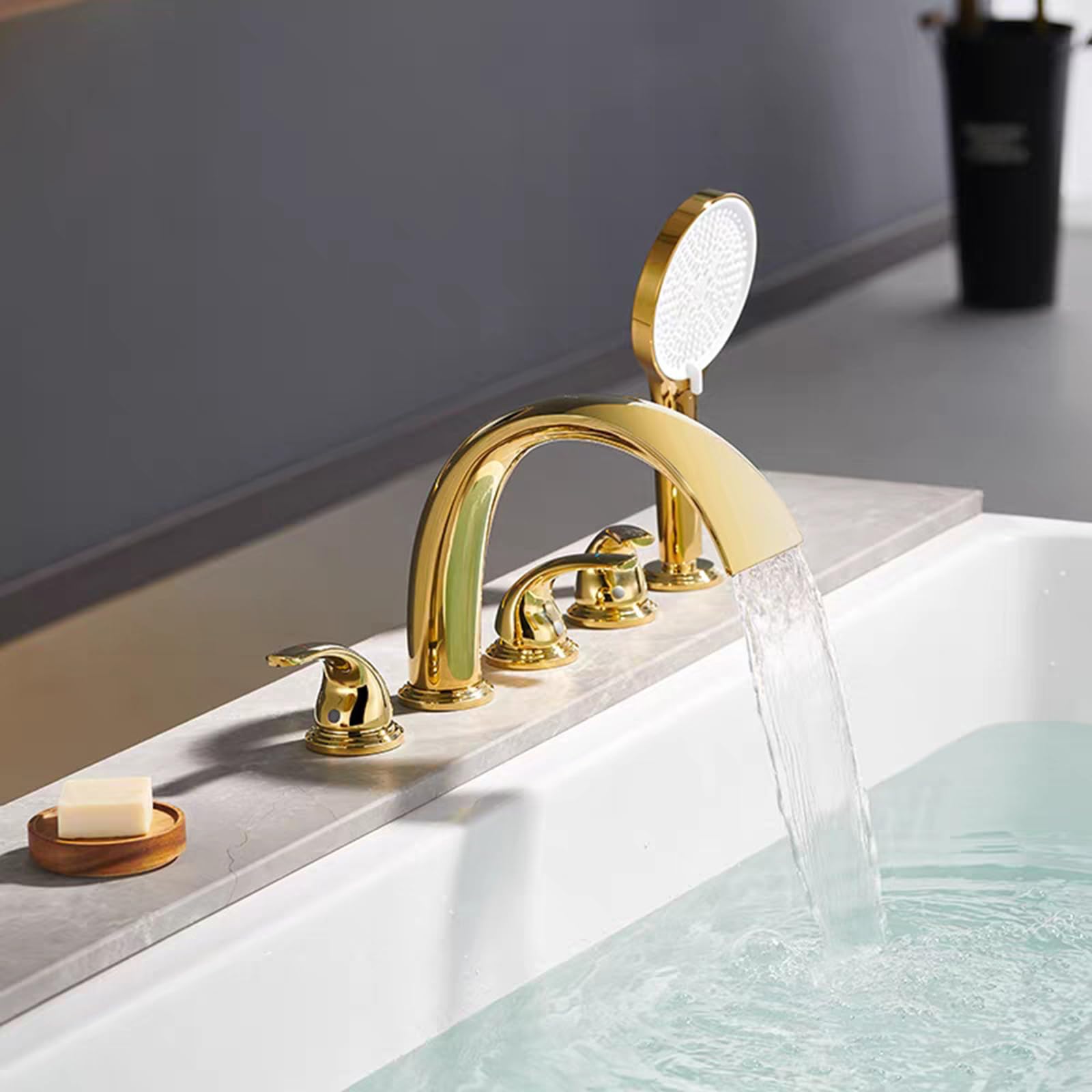 ZQFHSX Waterfall Bath Mixer Taps - 5 Hole Shower Tap, Brass-Chrome Plated Finish