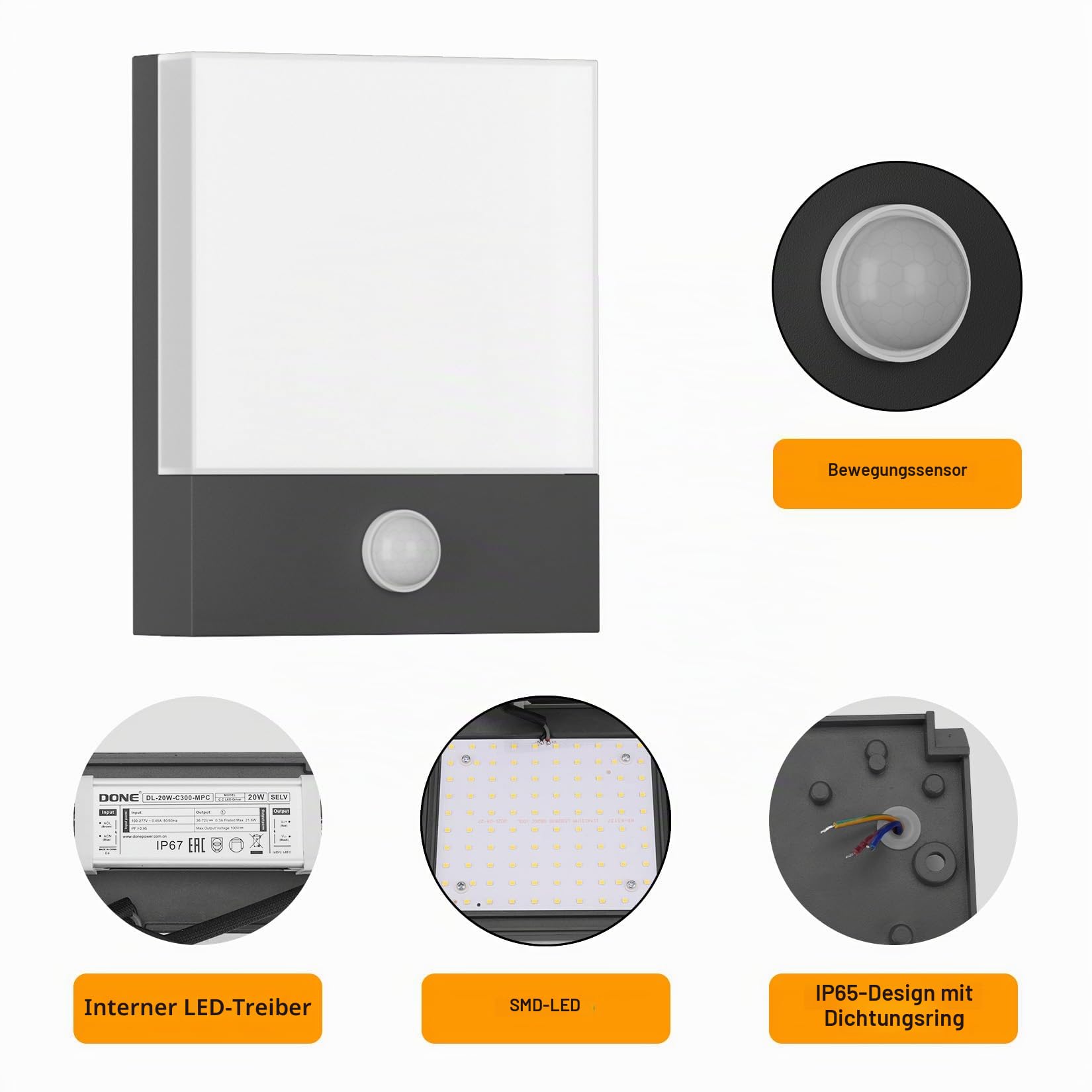 Klighten 24W LED Außenwandleuchte mit Bewegungsmelder Dunkelgrau IP65 3000k