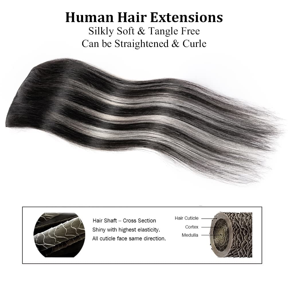 14" Clip in Hair Extensions Remy Human Hair Black Balayage Silver for Women - Silky Straight 100% Real Human Hair 50grams 4pieces #1BT(SilverP1B) Color