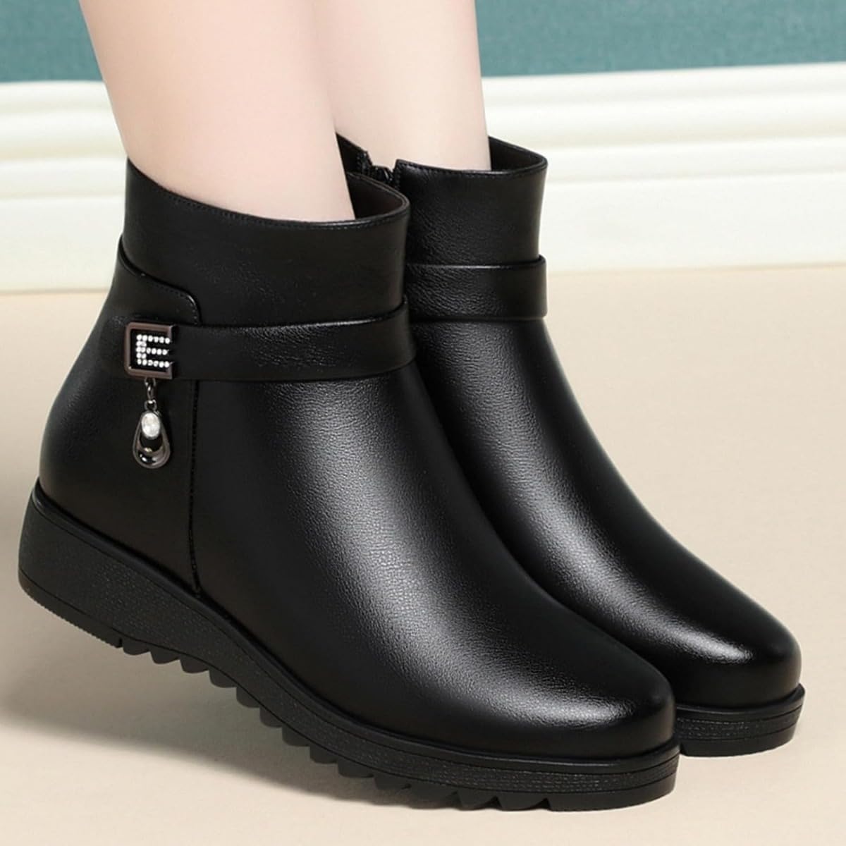 Orthopädische Damenstiefel aus echtem Leder, Wolle, einfarbig, Winter, Schnee, Plateau, Lederstiefel, wasserdicht, gefüttert, seitlicher Reißverschluss, flache Stiefeletten