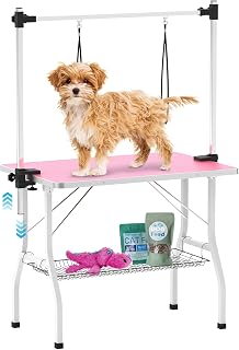 Advwin Dog Grooming Table - Foldable and Portable Pet Salon Table with Non-Slip Tabletop, Adjustable Height Grooming Arm and 2 Loops - for Cats and Pets