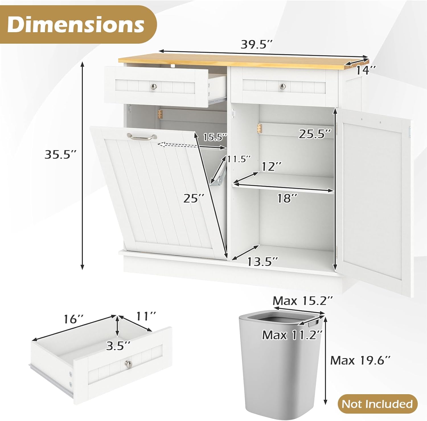 Giantex Tilt Out Trash Can Cabinet, Kitchen Island Table w/Solid Wood Top, 2 Drawers, Adjustable Shelf for Hidden Laundry Hamper, Pet Proof Garbage Can for Dining Living Room (White, 14.5 Gal)